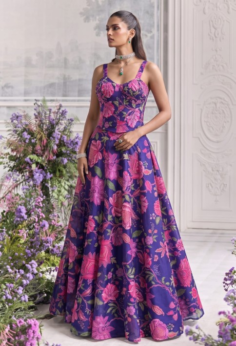 Blue Floral Tabby Organza Party Wear Lehenga Set